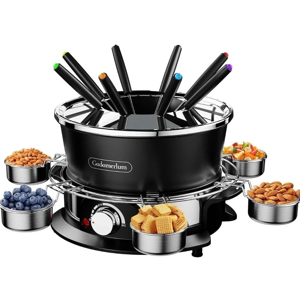 Gadamerlum Electric Fondue Pot Set 2L 1300W Black Cheese Chocolate 8 Forks Party